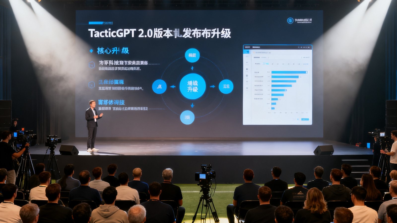 TacticGPT 2.0版本发布会现场，舞台中央大屏幕展示着新版本的核心功能升级亮点，台下坐着约200名体育科技行业从业者和媒体记者。