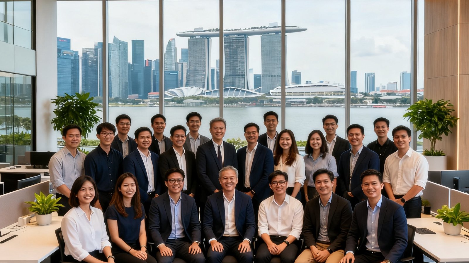 三亿体育科技新加坡办公室开业当天，约30名员工在现代化办公空间内合影，背景可见滨海湾天际线。
