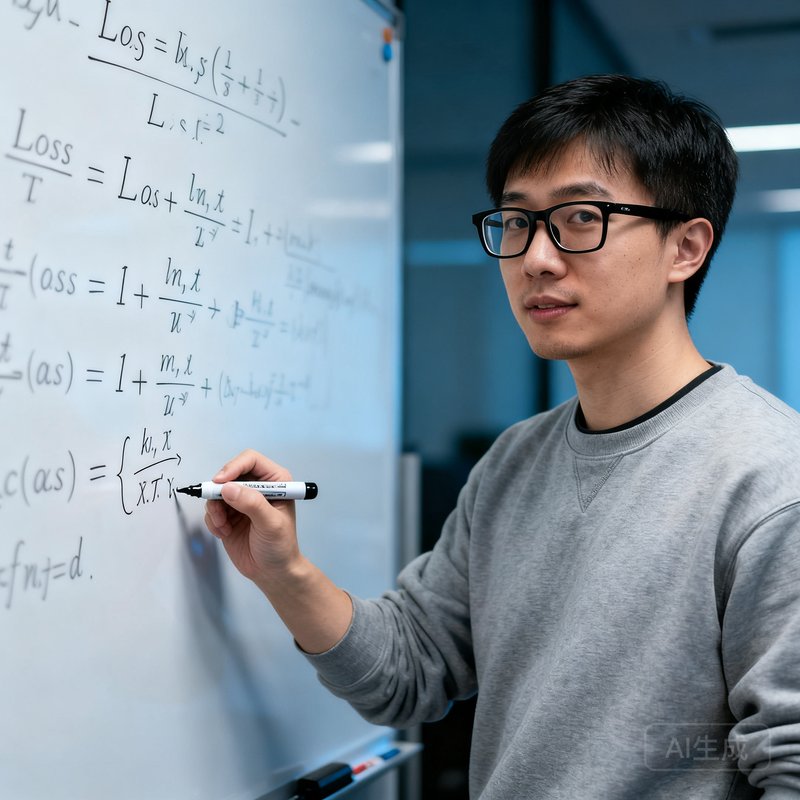 算法副总裁周锐站在一面写满数学公式的白板前，手持马克笔正在推导一个机器学习模型的损失函数，他戴着黑框眼镜，身穿灰色卫衣，展现出技术专家的专注神态。